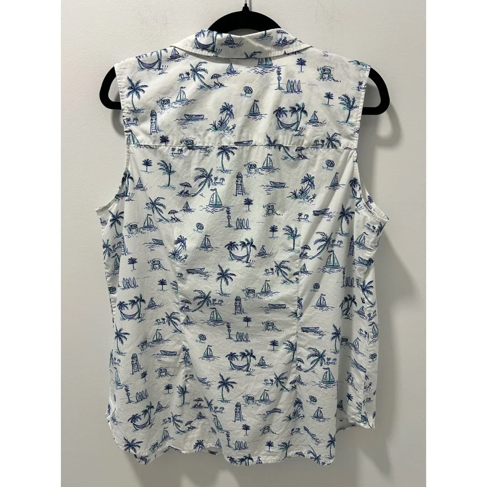 Talbots Plus Womens X White Blue Coastal Sailboat Palm Tree Sleeveless Shirt
